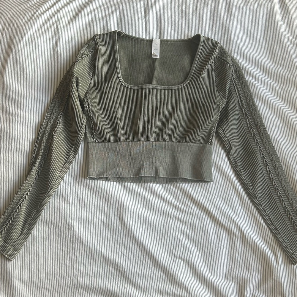 Offline by Aerie Sage Green Long Sleeve Cropped Workout Top